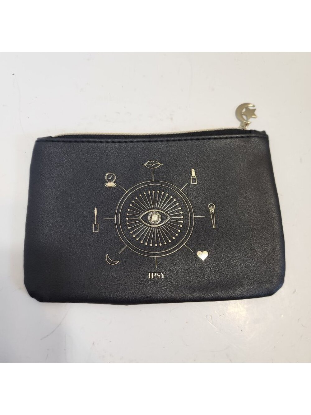 IPSY Black Gold Mystic Eye Makeup Bag Crescent Moon Zipper Pouch